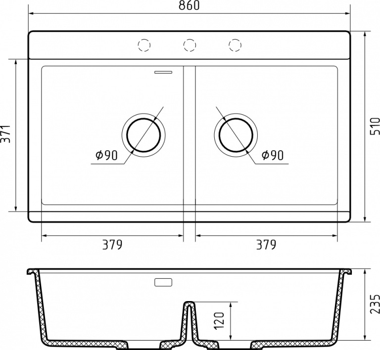 Мойка Rivelato FONDE 8638-2, 860х510х235мм, белый