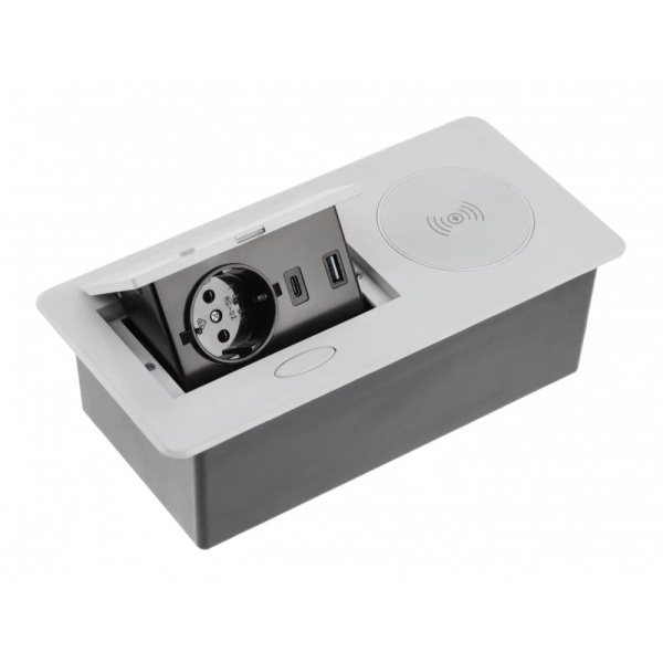 Горизонтальная, 1хEURO+2хUSB A+C+Qi, полуавтомат, серый, 240х119х72мм, алюм./пластик, GTV