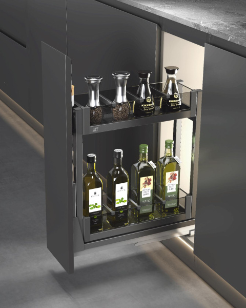 Корзина 150мм, 2 яруса, 108x467x500мм, ниж. дон. крепл., полн. выдв., с доводчиком, антрацит, Jet