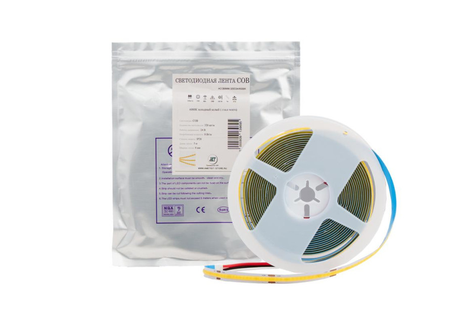 Лента  8х5000мм, COB, 12В, нейтральный, 8.0 Вт/м, 320 диодов/м, IP20, Jet