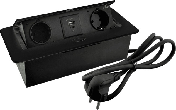 Горизонтальная, 2хEURO+2хUSB A+C, полуавтомат, черный, 263х117х65мм, металл/пластик, AQ