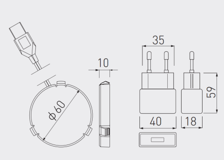 Встраиваемая беспроводная Qi, 5В/2.1А/0,5Вт, вход USB+зарядное, Ø60мм, черный, под столешницу, GTV