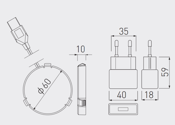 Встраиваемая беспроводная Qi, 5В/2.1А/0,5Вт, вход USB+зарядное, Ø60мм, черный, под столешницу, GTV