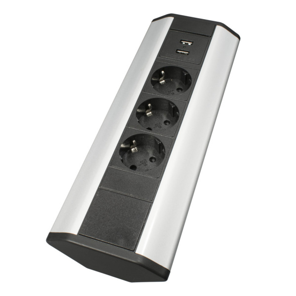 Угловая накладная, 3хEURO+2USB A, серый, усовое заземл., IP20, пластик, GLS