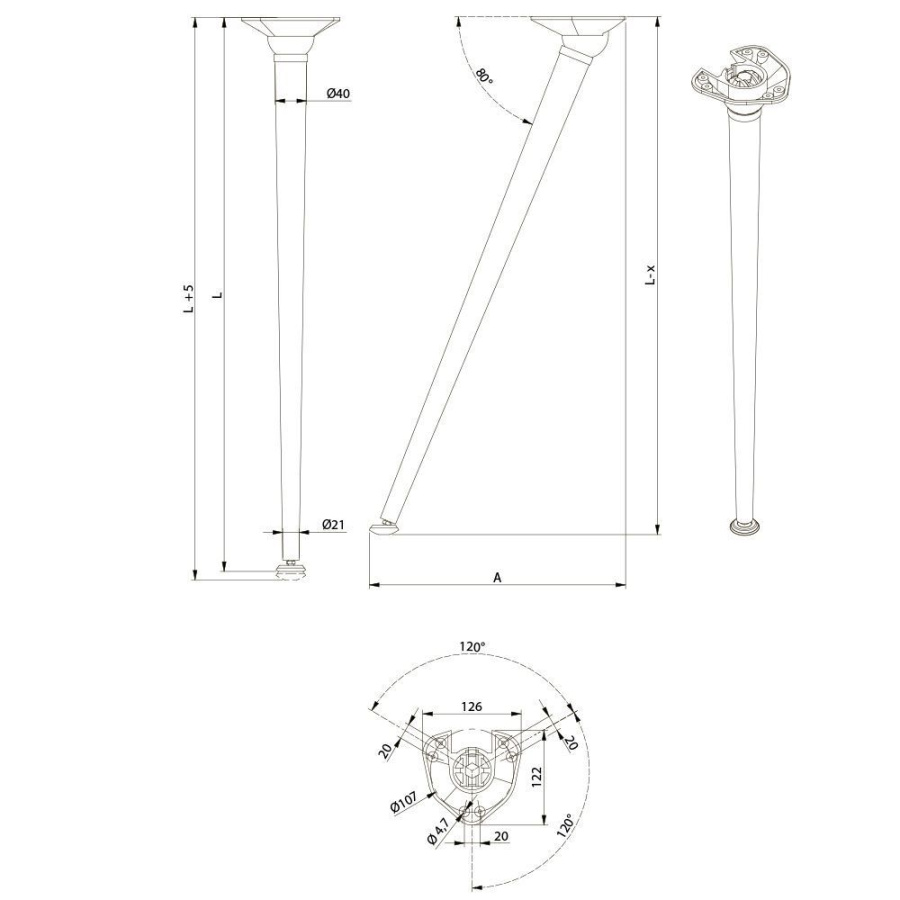 Опора складная, h=710мм, d=21-40мм, верх крепл, регулировка наклона и высоты, сталь, черный, GTV