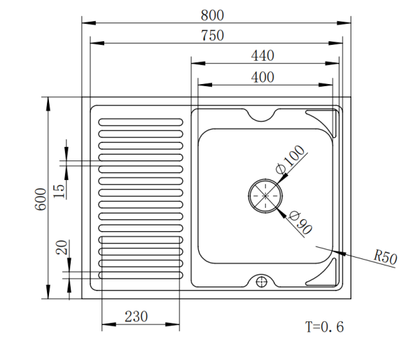 Мойка накладная, 800х600х170х0,6мм, глянец, левая, сифон, CMF