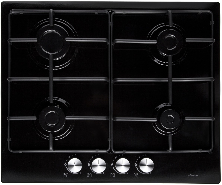 Варочная панель газовая Spark 604 BKE, 60 см, черная глянцевая эмаль, Konigin