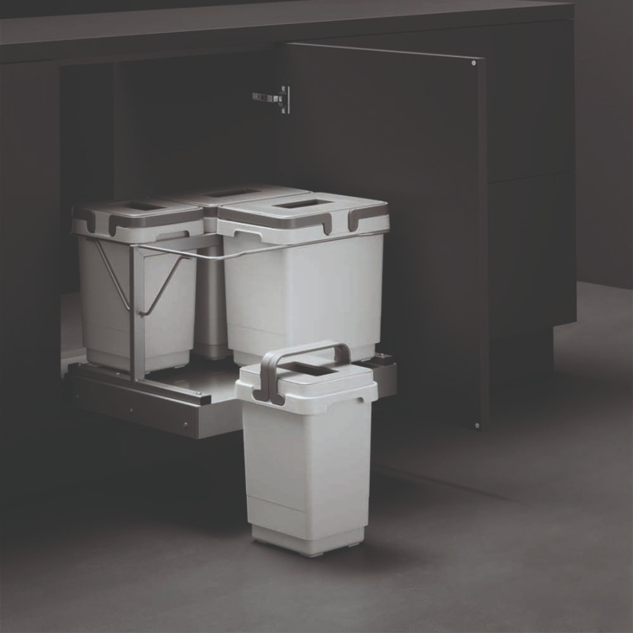 Контейнеры для мусора выдвижные, 2х15л+2х9л, в шкаф на 600мм, хром/серый