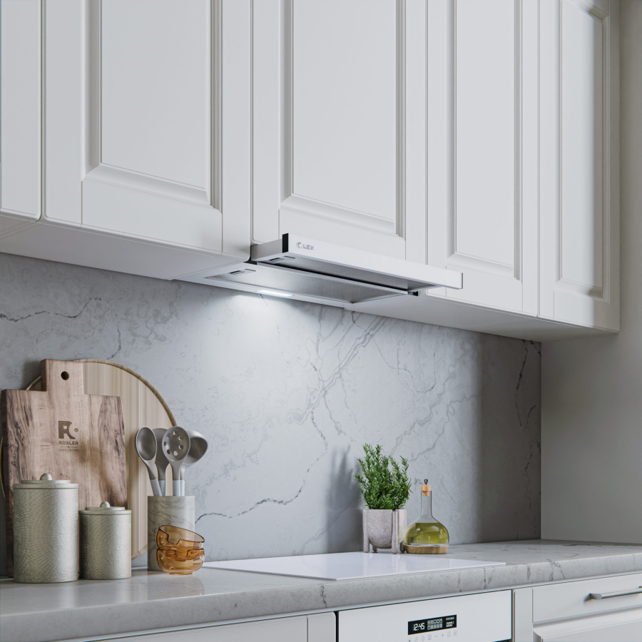 Вытяжка встраиваемая телескопическая HOGAN 600 WHITE, 60см, б/угольного фильтра, белый, Lex