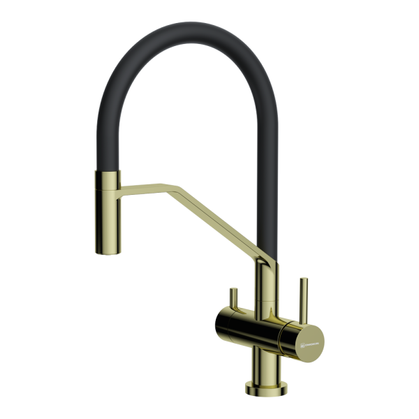Смеситель Akeno-LG-BL, латунь, светлое золото/черный гибкий шланг