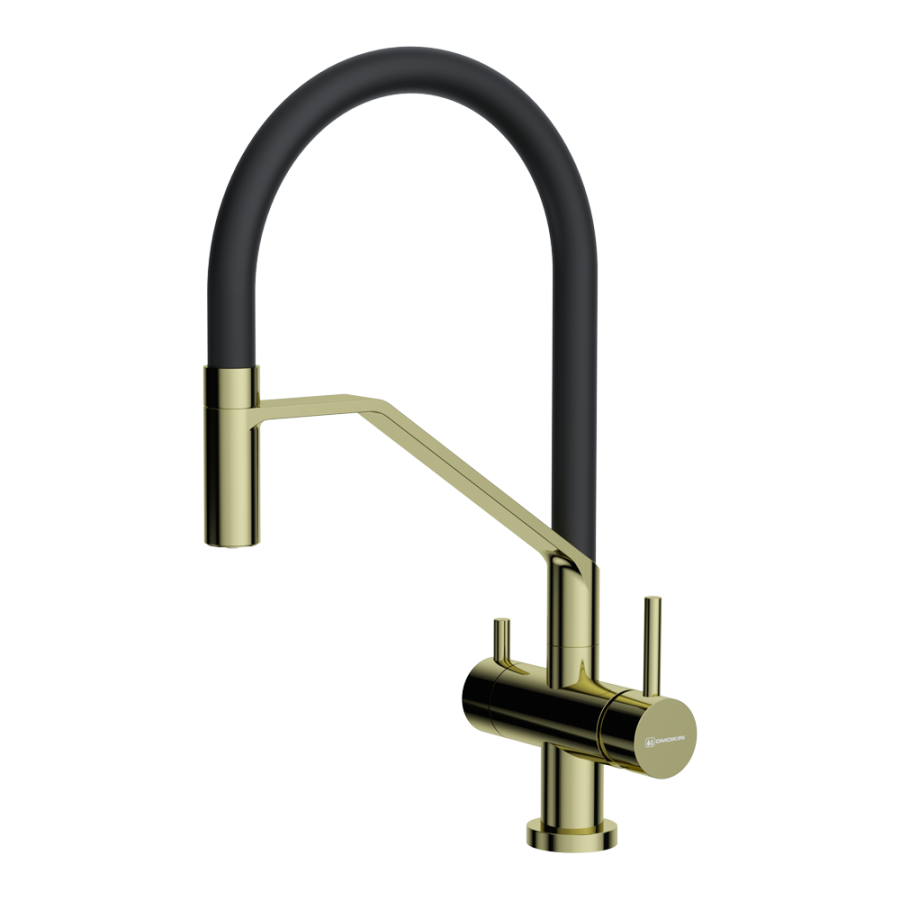 Смеситель Akeno-LG-BL, латунь, светлое золото/черный гибкий шланг
