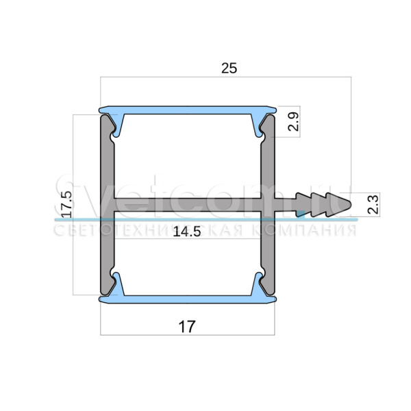 Профиль врезной торцевой двустор. 18х25х3000мм, лента ≤10мм, алюминий (диффузоры, 4 заглуш.), 1725L