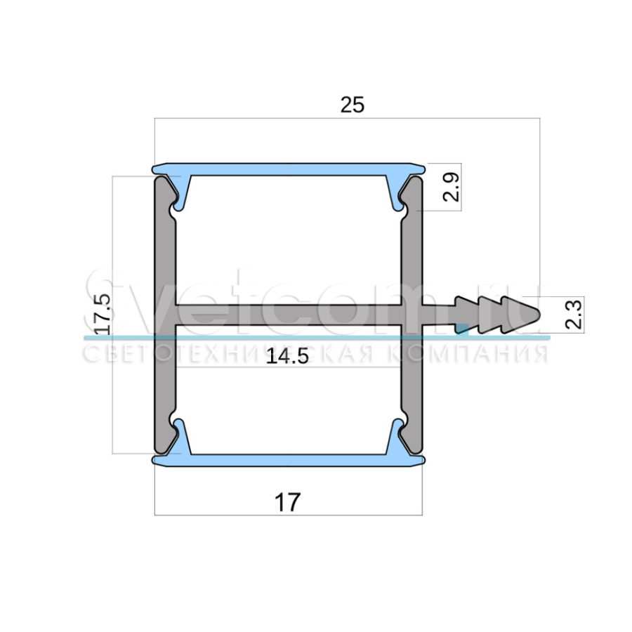 Профиль врезной торцевой двустор. 18х25х3000мм, лента ≤10мм, алюминий (диффузоры, 4 заглуш.), 1725L