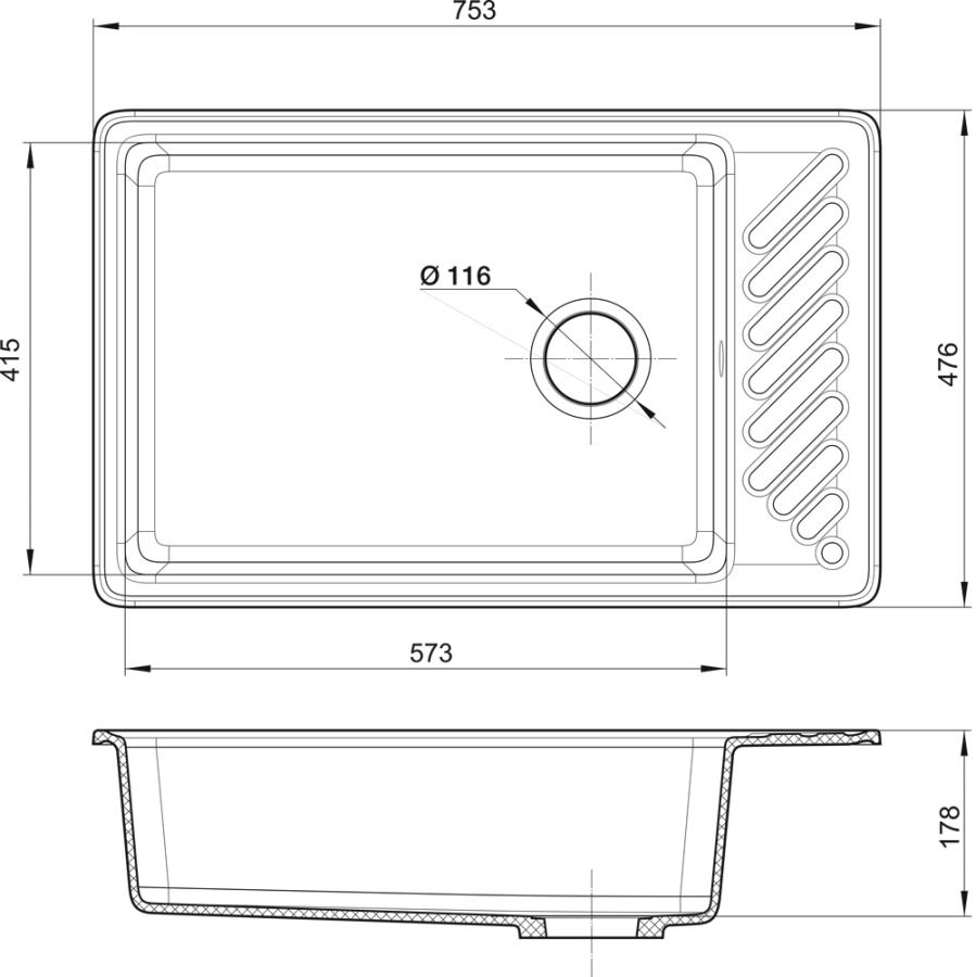 Мойка GranFest QUARZ 51, 753х476 мм, песочный (прямоугольная, без сифона)