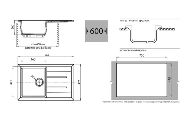 Мойка GranFest QUADRO 780L с крылом, 770х495 мм, графит