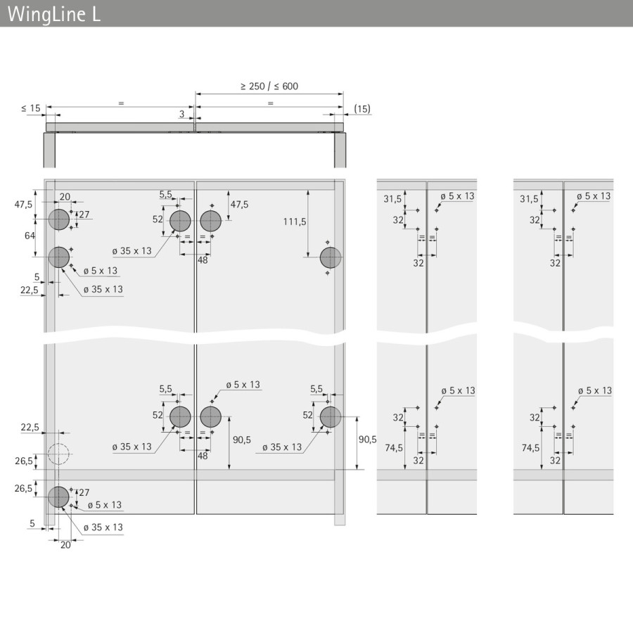 Комплект фурнитуры WingLine L, 25кг, без самозакрывания, с ниж. направ. элементом, левый, серый