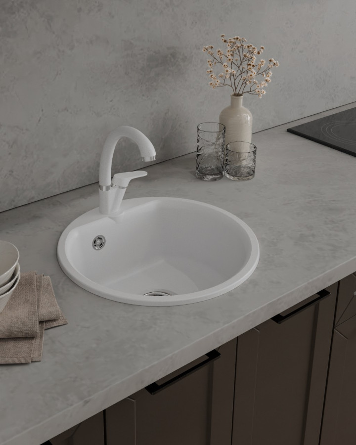 Мойка ЭкоМ М-435, d=435мм, мрамор, белый (без сифона)