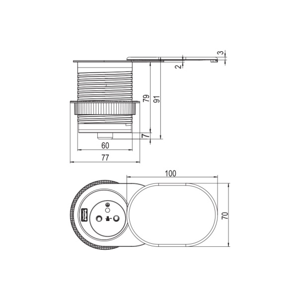 Встраиваемая, 1хEURO+1хUSB, Ø60мм, сдвижн. крышка, пластик, серый, Rejs