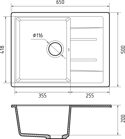 Мойка GranFest QUADRO 650L с крылом, 650х500 мм, кашемир