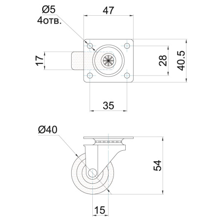 Опора колесная с площадкой, d=40мм, без стопора, резина, черный, нагрузка 15кг