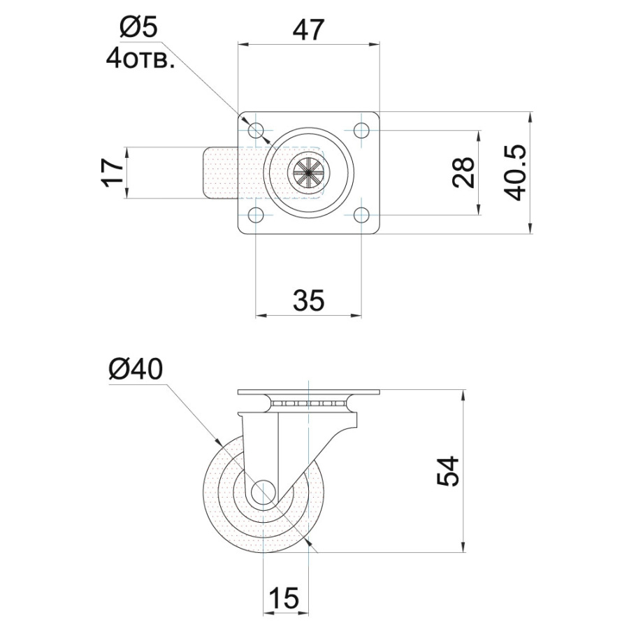 Опора колесная с площадкой, d=40мм, без стопора, резина, черный, нагрузка 15кг