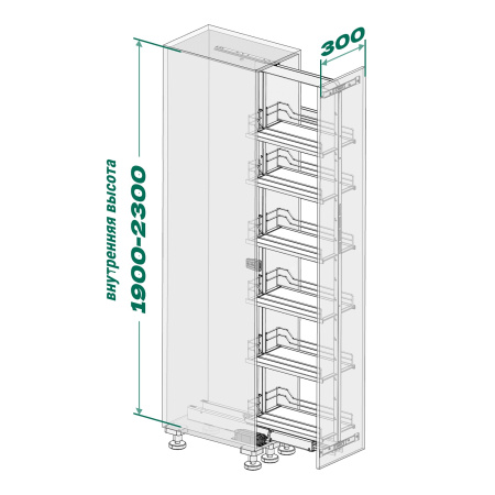 Колонна выкатная Диспенса 90*, 6 корз, 300х1900-2300мм, полн. выдв, в базу 300, антрацит, Kessebohmer