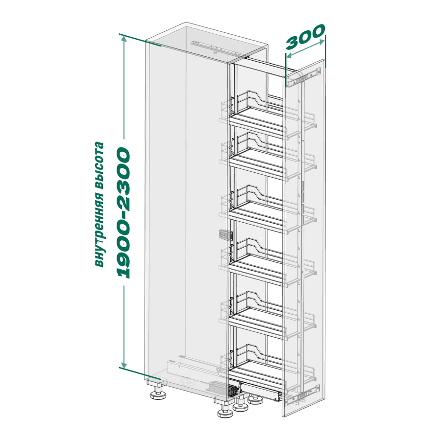 Колонна выкатная Диспенса 90*, 6 корз, 300х1900-2300мм, полн. выдв, в базу 300, антрацит, Kessebohmer