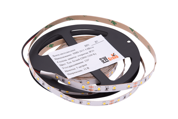 Лента  8х1.5х5000мм, SMD 2835, 12В, теплый, 4.8 Вт/м, 60 диодов/м, 200 Лм/м, IP20, SWG