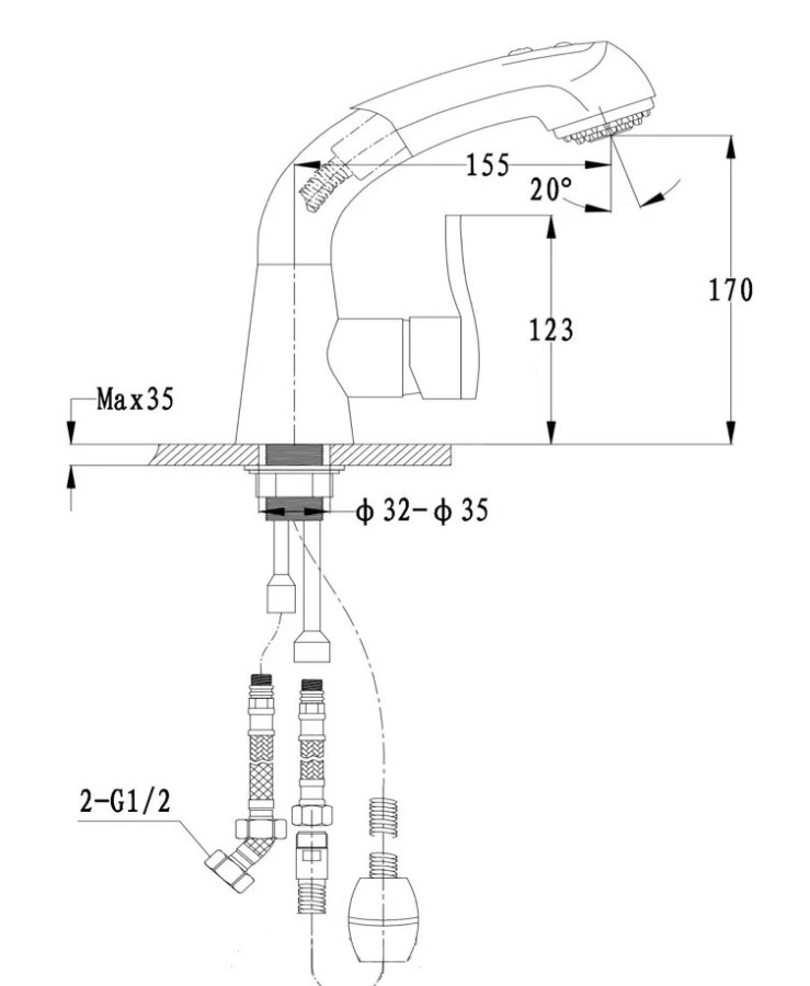 Смеситель GranFest 3773, d=40 мм, выдвижная лейка, черный
