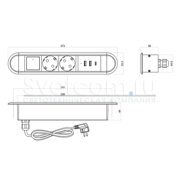 Встраиваемая, 2хEURO+2хUSB A+1хUSB C, белый, кнопка выкл., 272х54х45 мм, алюм./пластик, GLS