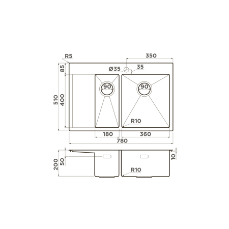 Мойка Akisame 78-2-IN-R, нержавеющая сталь, нержавеющая сталь  