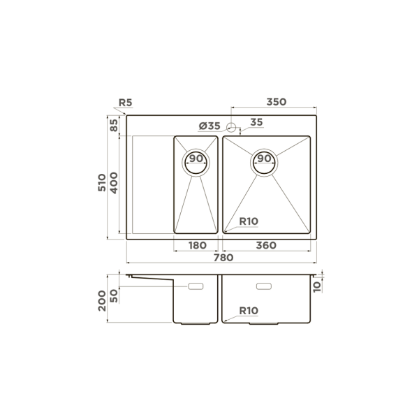 Мойка Akisame 78-2-IN-R, нержавеющая сталь, нержавеющая сталь  