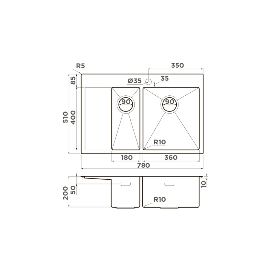 Мойка Akisame 78-2-IN-R, нержавеющая сталь, нержавеющая сталь  