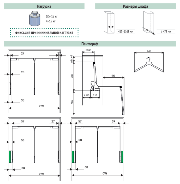 Пантограф Конеро, 445-628мм, нагрузка 0,5-12 кг, стандартный, черный, Kessebohmer