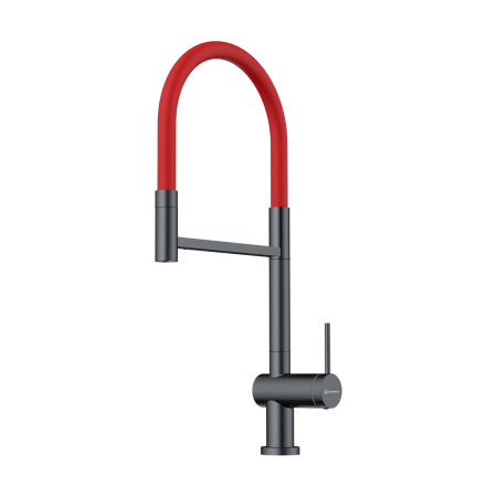 Смеситель Kanto-2 Plus-SB-GM-R, латунь, вороненая сталь/красный гибкий шланг