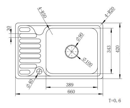 Мойка врезная, 660х420х160х0,6мм, матовый, универсальная+сифон, CMF