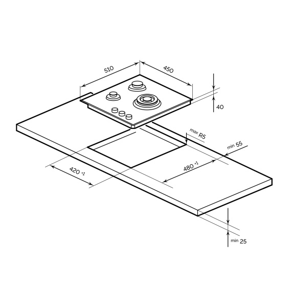 Варочная панель газовая GVG 431 BL, 45см, черное стекло, Lex