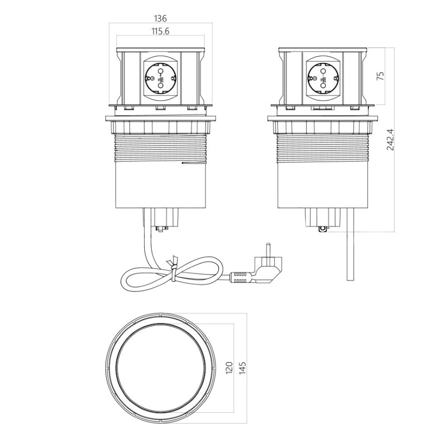 Вертикальная, 4хEURO, Ø120мм, автовыдвижение, металл, нерж.сталь, провод 2м, GLS