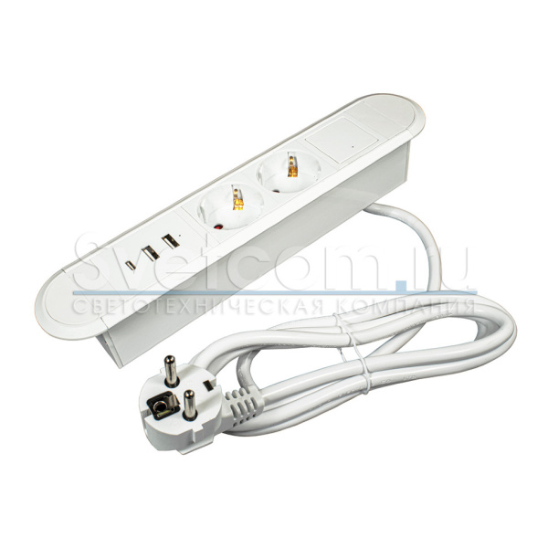 Встраиваемая, 2хEURO+2хUSB A+1хUSB C, белый, кнопка выкл., 272х54х45 мм, алюм./пластик, GLS