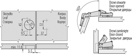 GTV Петля 165*, с планкой 2мм, БЕЗ доводчика, БЕЗ еврошурупа, 45мм