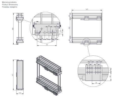 Корзина 150мм, 2 яруса, 111х471х460мм, боковое универс., без направл., плоск. прут, антрацит, GTV