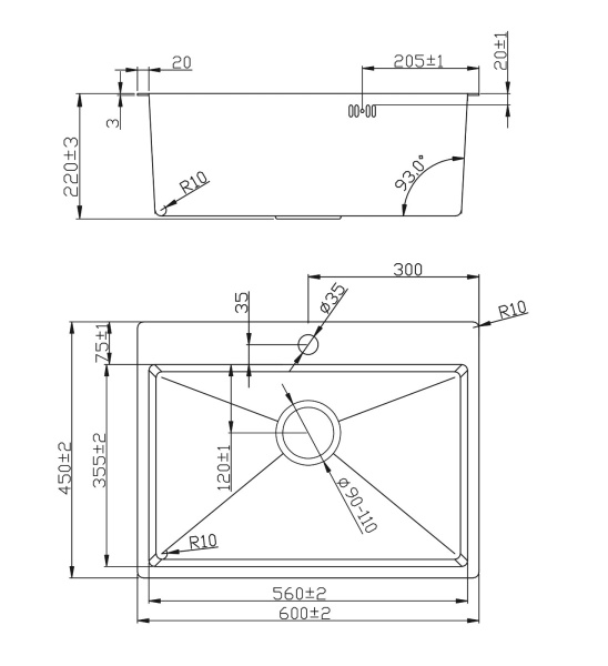 Мойка Онега 60, 600х450х220мм, нержавеющая сталь SUS 304, 1 отверстие, брашированная сталь, HISSEN