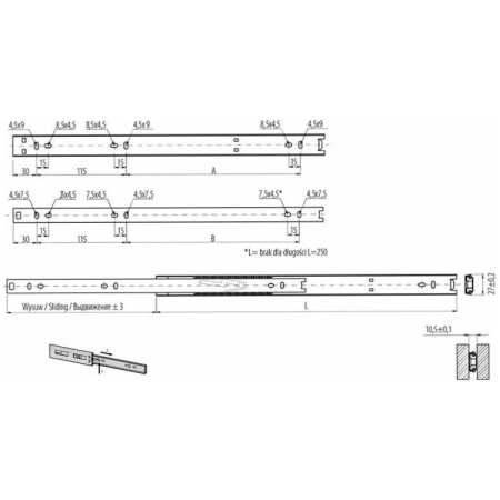 Направляющие частичного выдвижения, L=500мм, h=27мм, без плавного закрывания, GTV