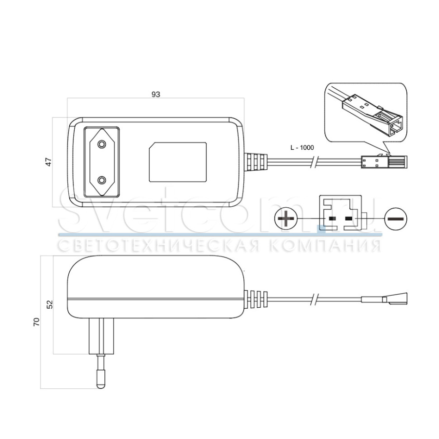 Трансформатор  36W/12V, IP20, провод 1м с коннектором, пластик, черный, GLS