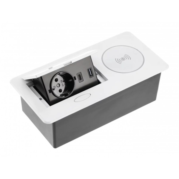 Горизонтальная, 1хEURO+2хUSB A+C+Qi, полуавтомат, белый, 240х119х72мм, алюм./пластик, GTV