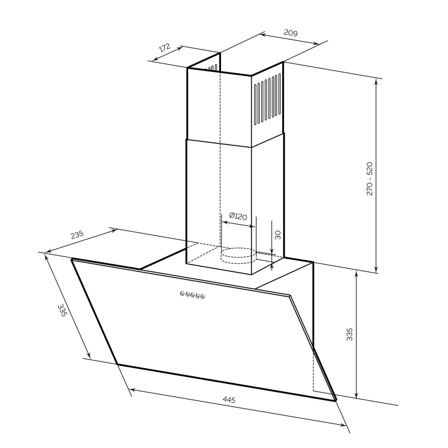 Вытяжка наклонная MOZA 450 BLACK, 45см, б/угольного фильтра, черный, Lex