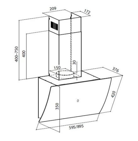 Вытяжка наклонная PLAZA GS 600 BLACK, 60см, б/угольного фильтра, стекло, черный, Lex
