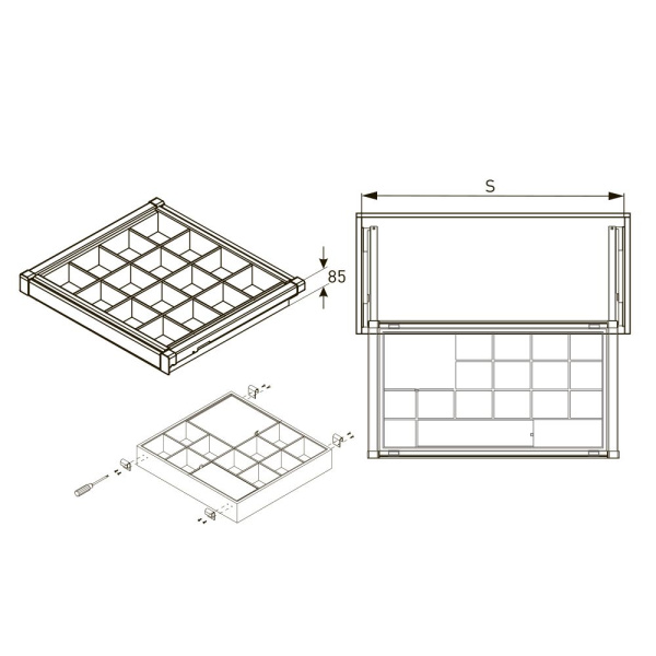 Корзина с органайзером в шкаф на 600мм, 485х560х85мм, полное выдвижение, с доводчиком, графит