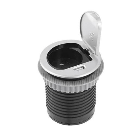 Встраиваемая, 1хEURO+1хUSB, Ø60мм, откидн.крышка, пластик, серый, GTV