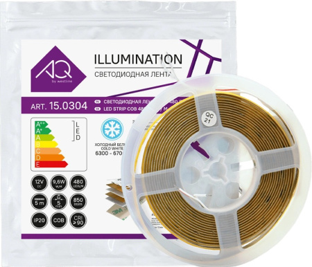 Лента  5х5000мм, COB, 12В, холодный,  9.6 Вт/м, 480 диодов/м, 850 Лм/м, IP20, AQ